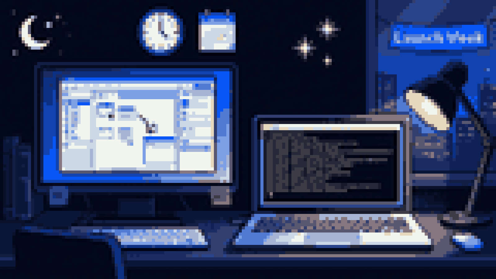 Desk with a drag-and-drop builder on one laptop and a terminal of logs on the other during launch week