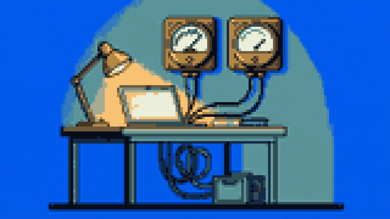 Two utility meters wired to a founder's laptop, one spinning fast, one slow, illustrating software billing models